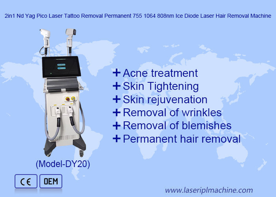2in1 Nd Yag Pico เครื่องกําจัดรอยสักด้วยเลเซอร์แบบถาวร 755 1064 808nm Ice Diode Laser Hair Removal Machine